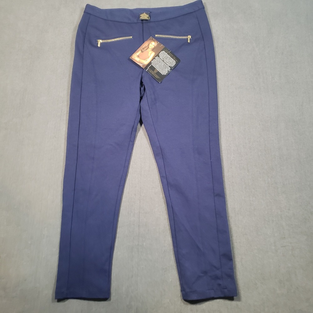 IMAN Ponte Ankle Pants Womens 12 Short Blue Global Chic Gold Zipper Accent